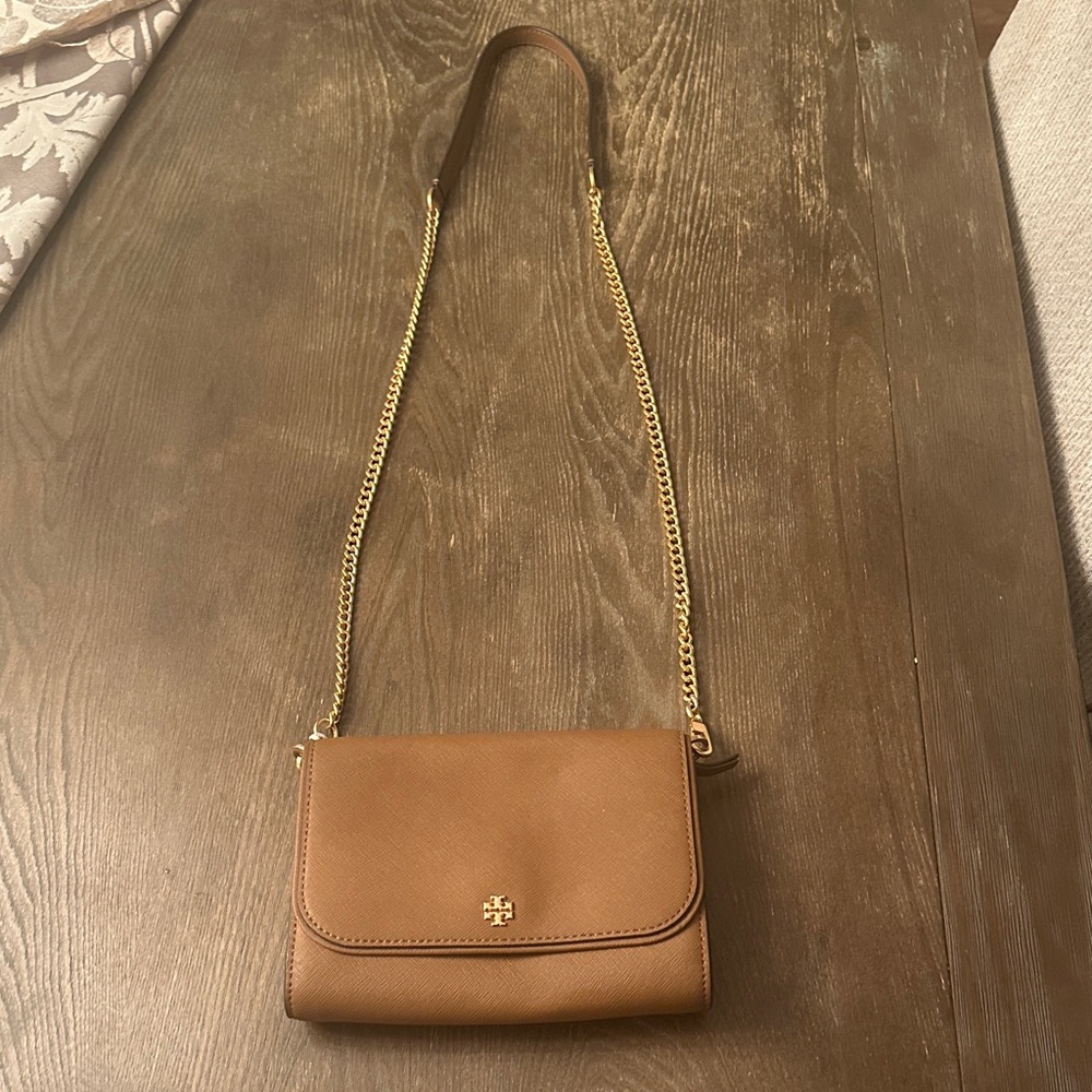 Tory Burch Brown Leather Crossbody Bag with Gold Chain